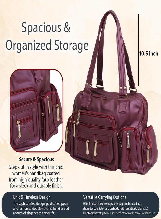 C Classic Women's Multi-Pocket Shoulder Bag, Faux Leather, Gold-Tone Zippers, Multiple Compartments, Adjustable Strap, for Work Travel Daily Use (Maroon) - Image 4